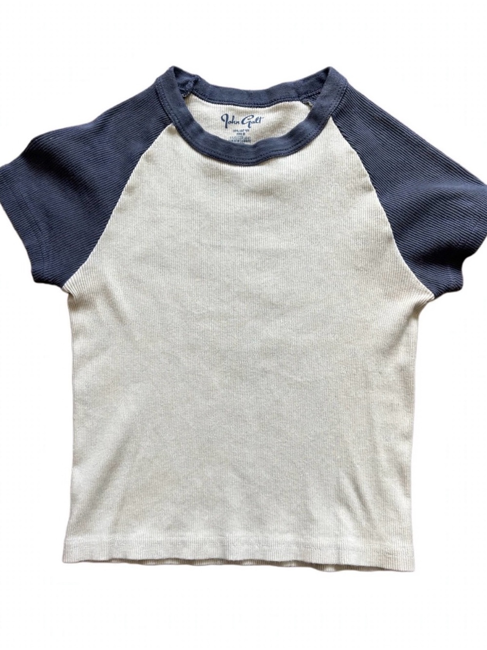 John Galt Brandy Melville Bella Baseball Baby Tee Cream Navy Ribbed OS